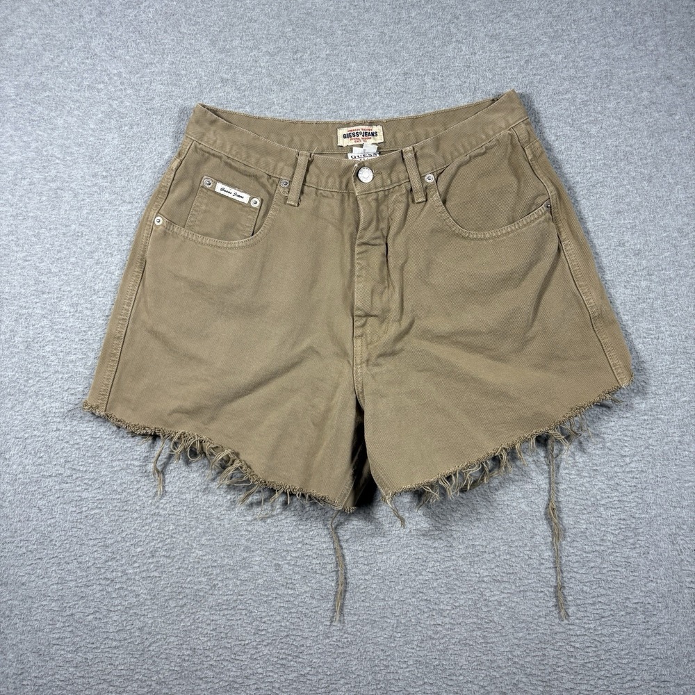 Vtg 90s Guess Jeans Womens 30 Khaki Tan Cutoff Shorts Denim Raw Hem USA Made
